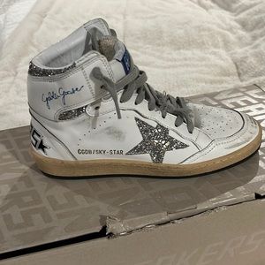 Golden Goose Sky Stars with silver glitter inserts and signature on ankle.